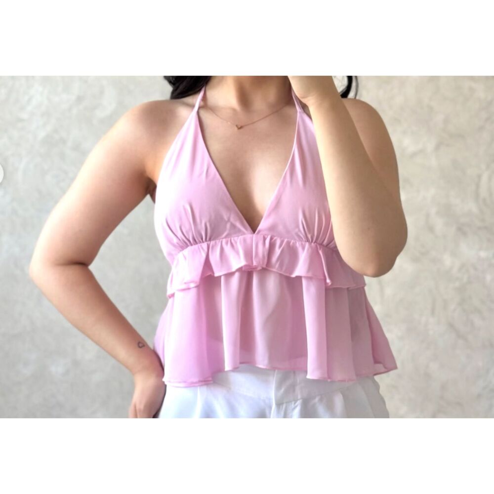 UUE Pink Halter Babydoll Top Open Back Flowy Ruffle Blouse Size XL